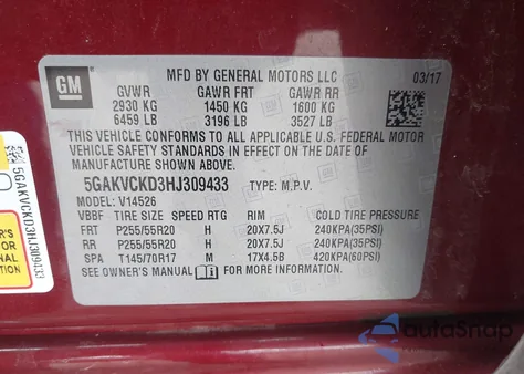 2017 Buick Enclave Premium from USA, damaged, VIN 5GAKVCKD3HJ309433